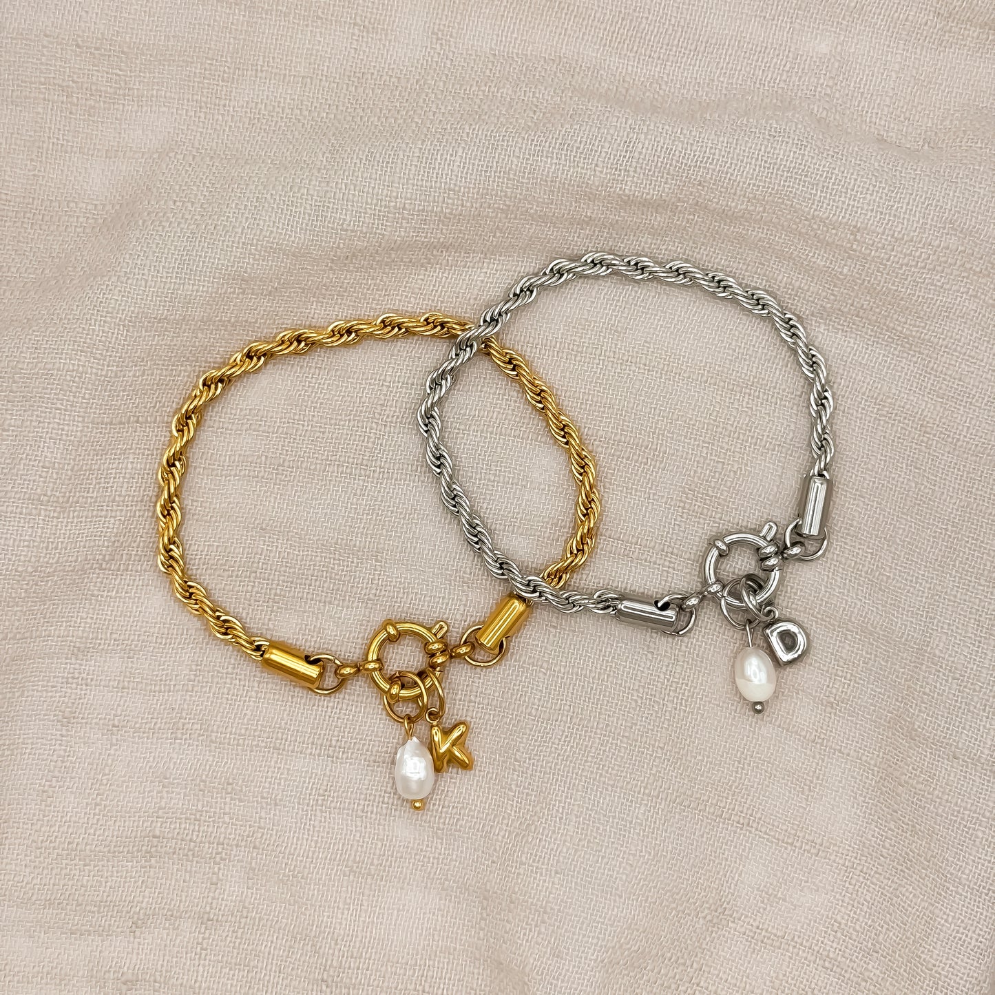 Initial Pearl Carabiner Bracelet