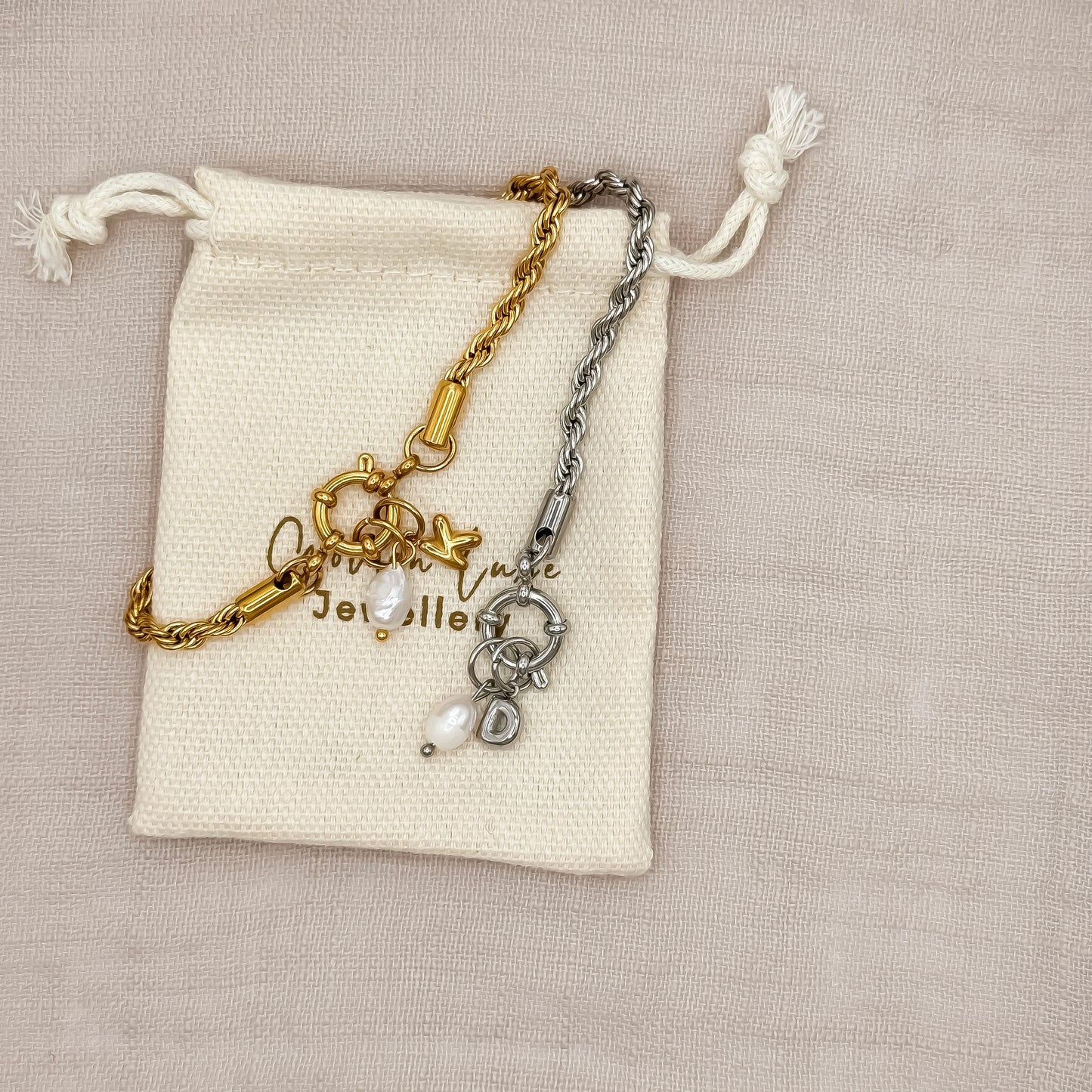 Initial Pearl Carabiner Bracelet