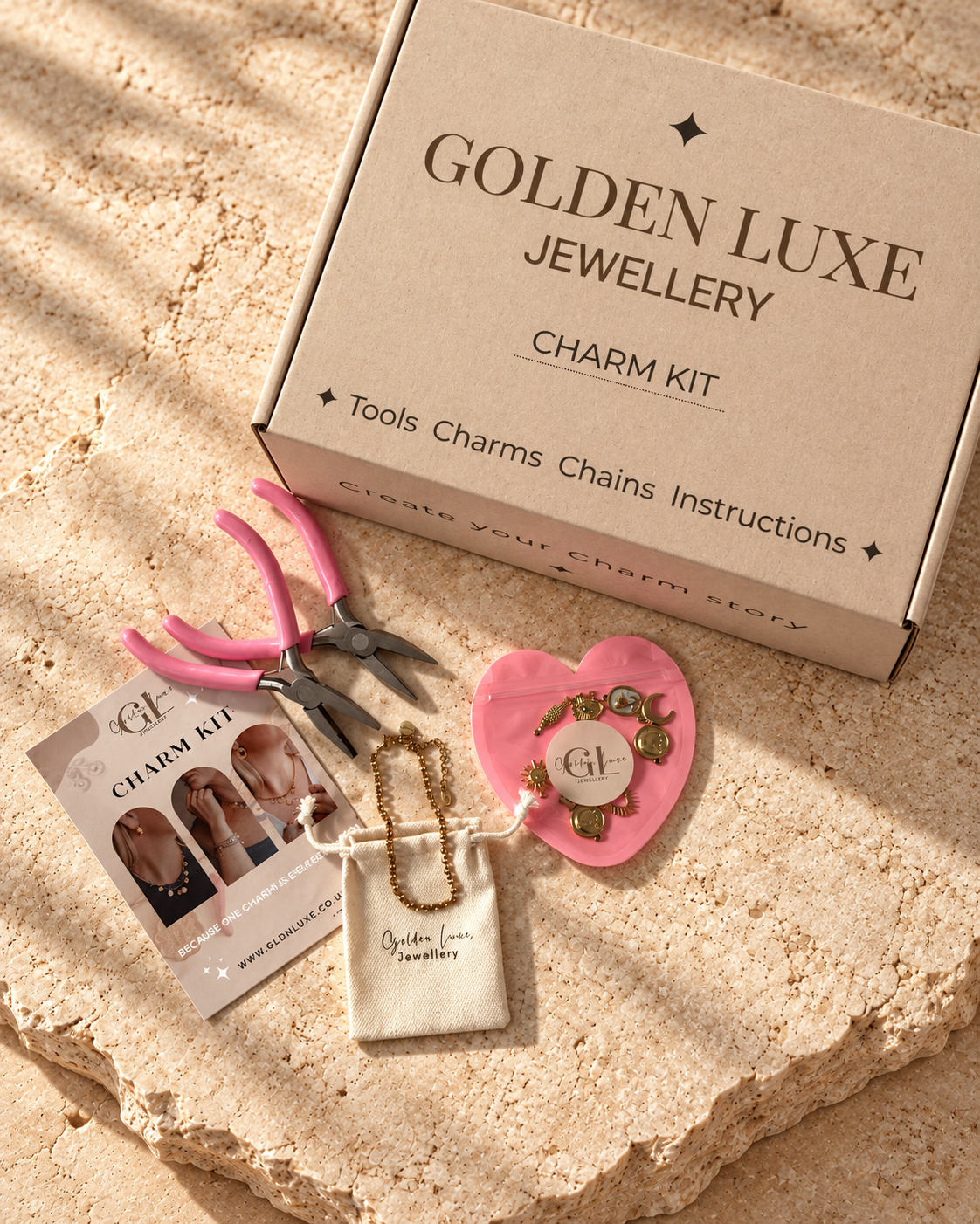 DIY Party Charm Kit with jewellery pliers, charms, chain and Golden Luxe pouch