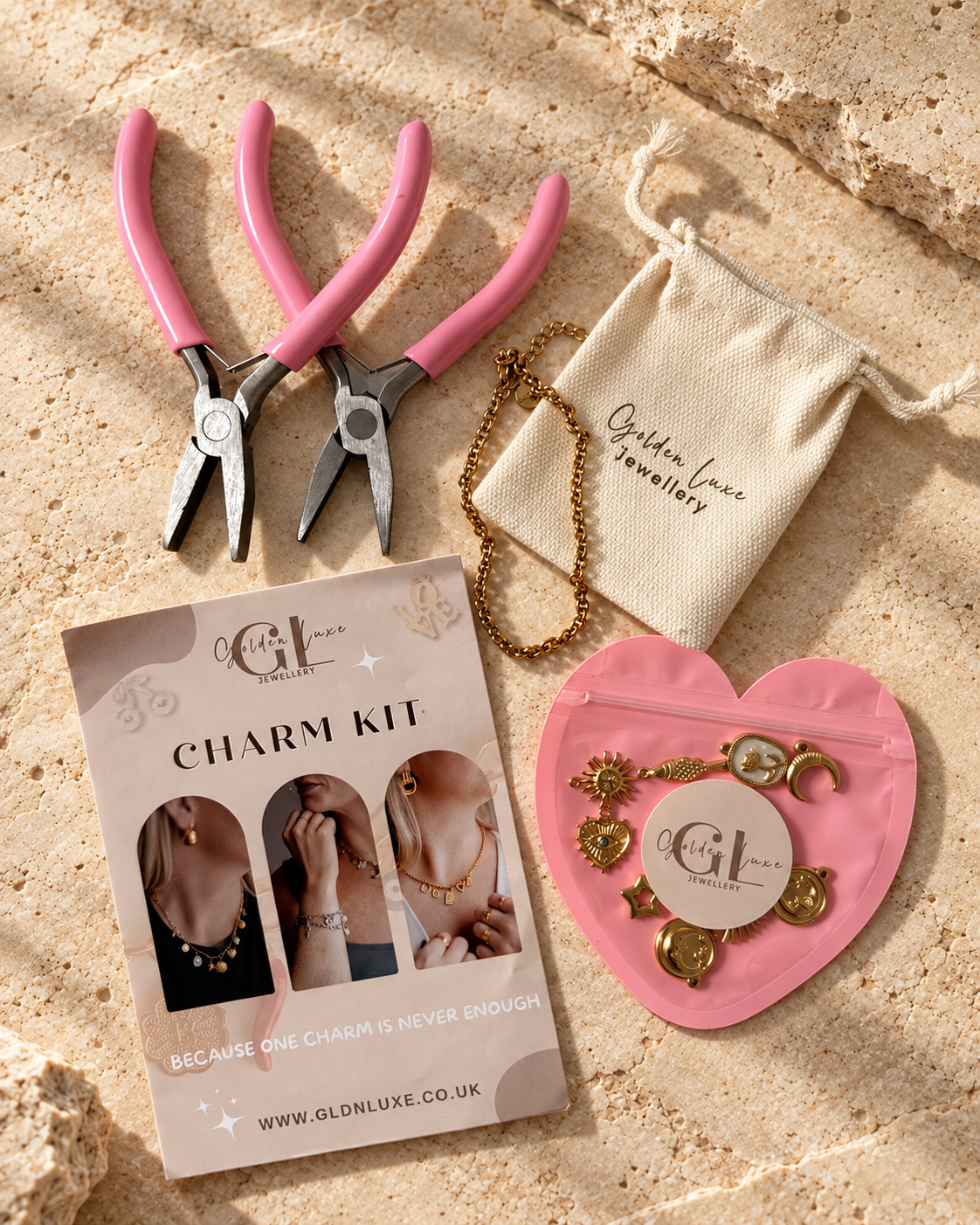 Golden Luxe Party Charm Kit contents with assorted charms and jewellery making tools