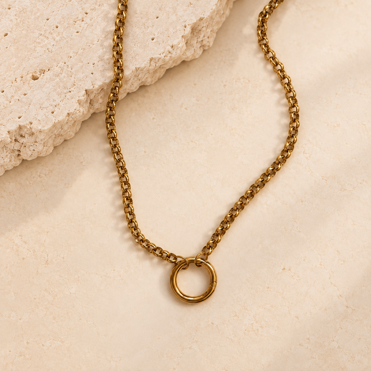 Gold rolo carabiner charm necklace with round clasp