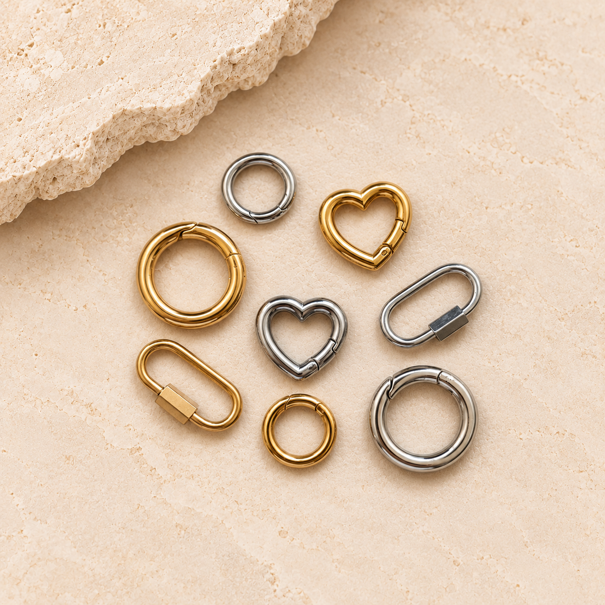 Gold and silver carabiner clasps for customisable charm necklaces