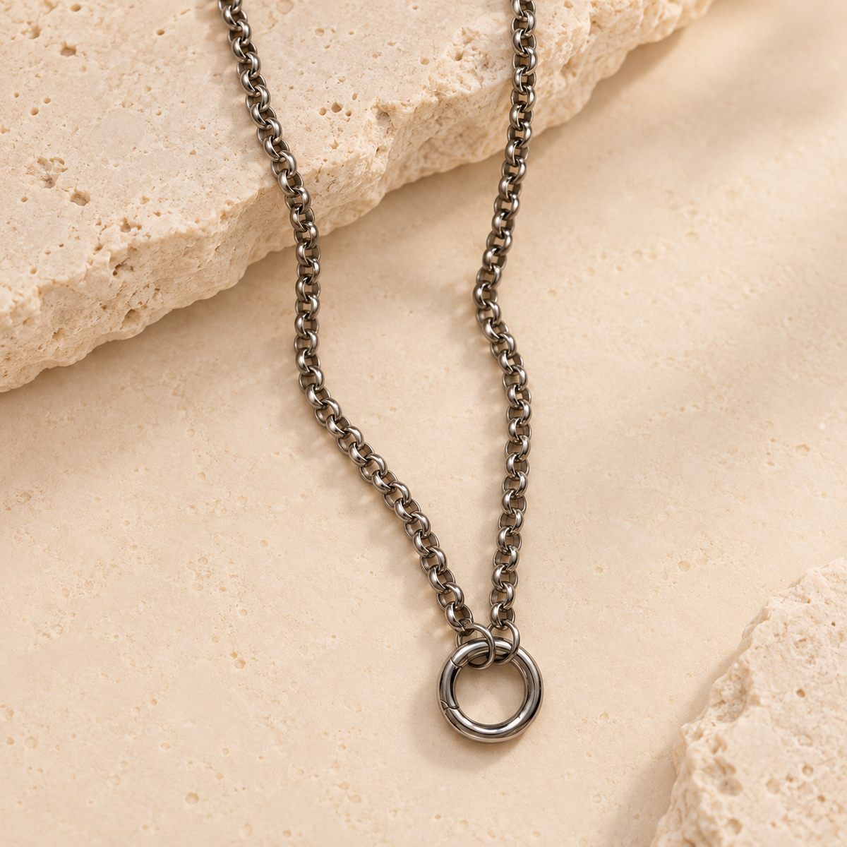 Silver rolo carabiner necklace with round clasp