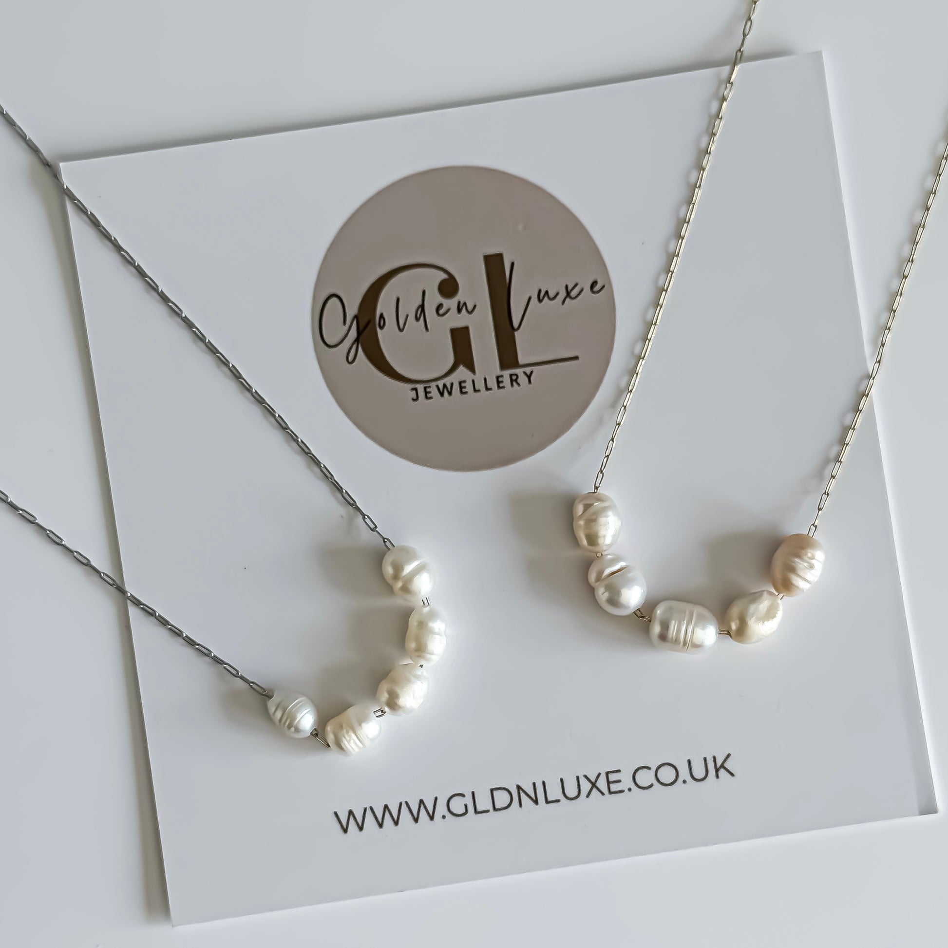 Pearl necklace on a card with Golden Luxe Jewellery branding