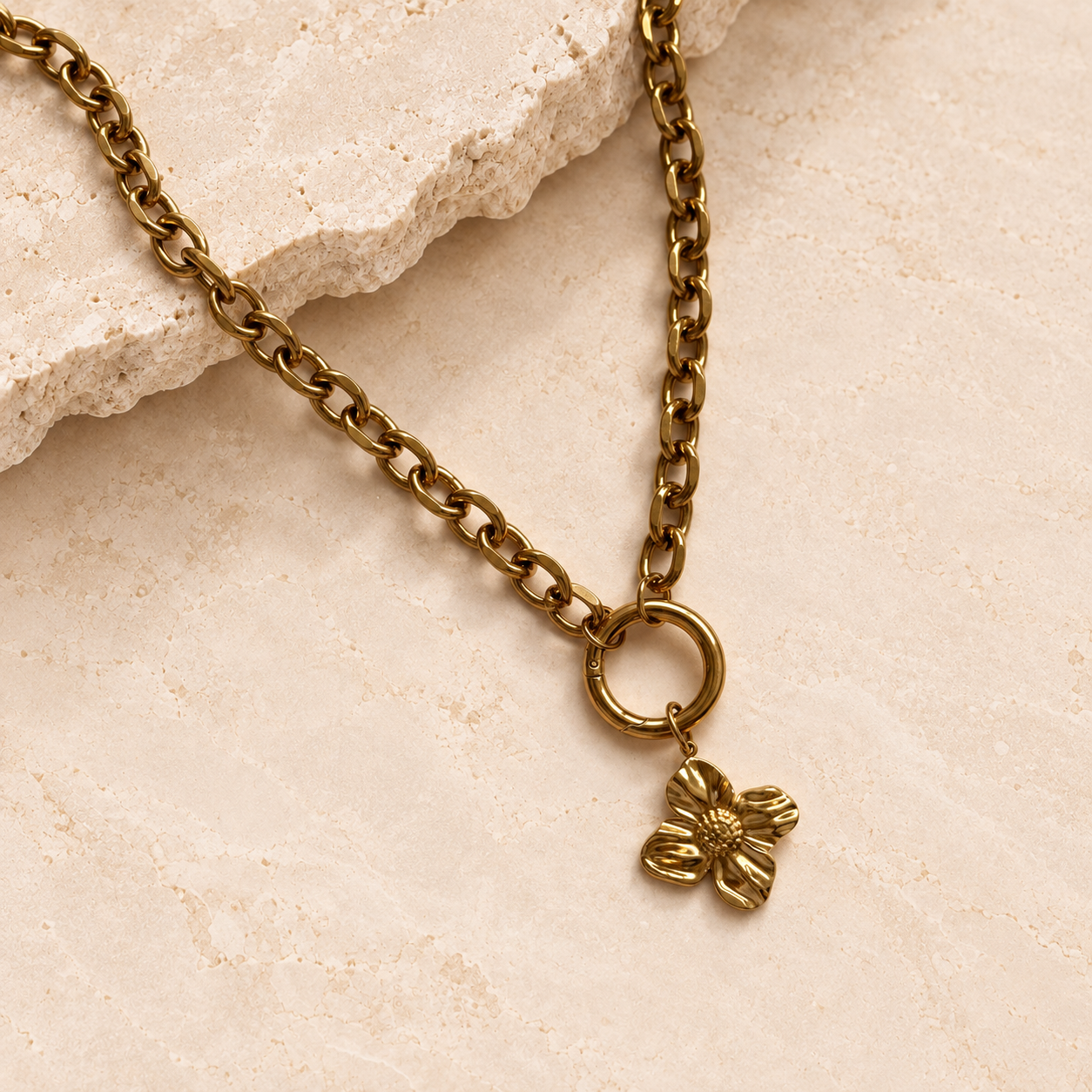 Gold chunky carabiner charm necklace with detachable flower charm
