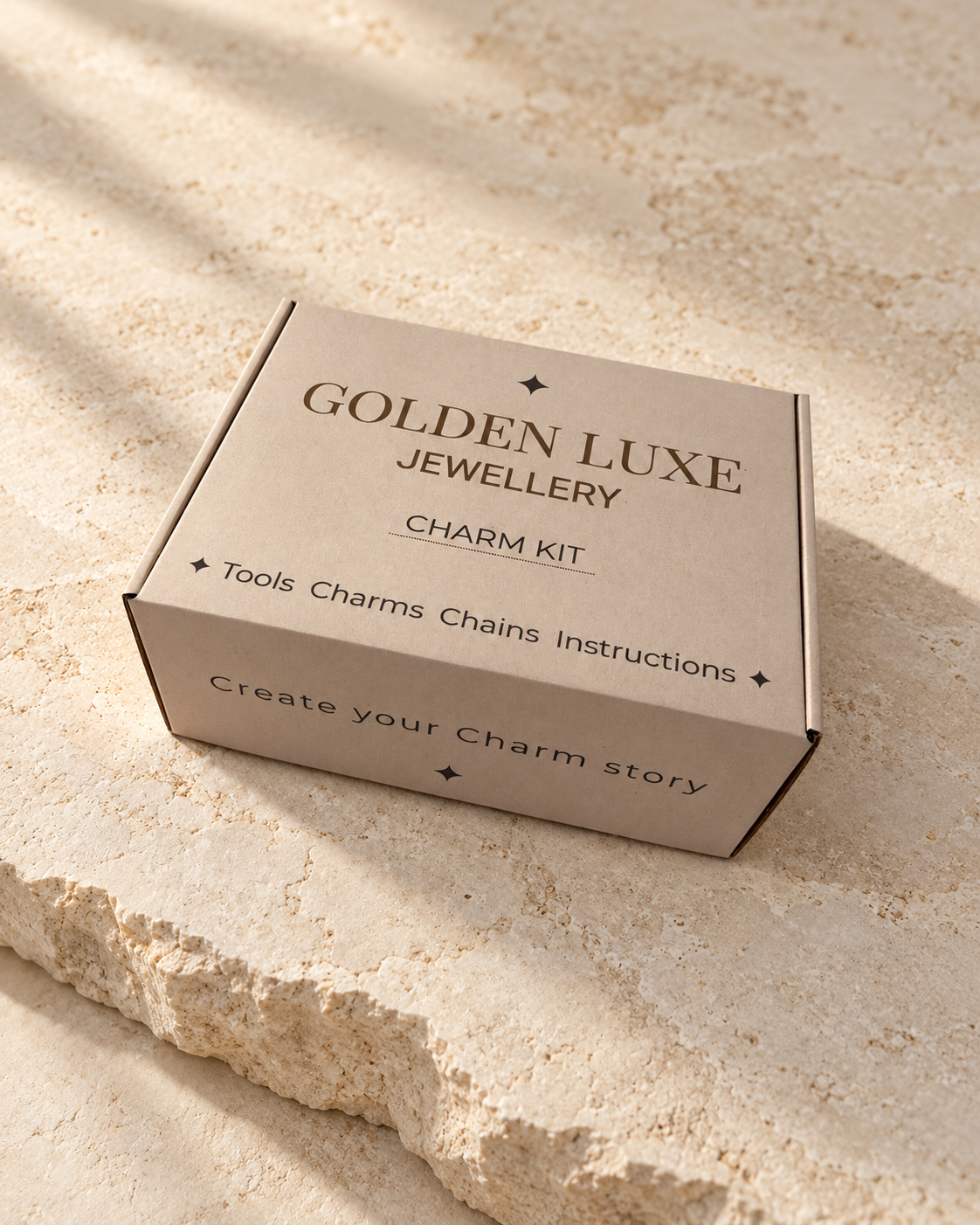Golden Luxe Party Charm Kit box on warm neutral stone background