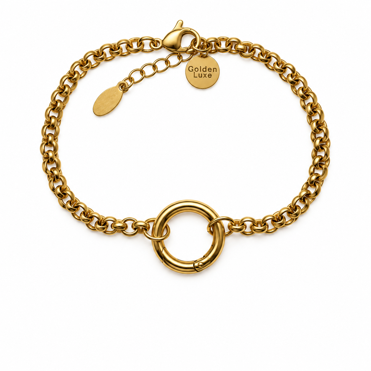 Gold rolo carabiner charm bracelet with detachable clasp
