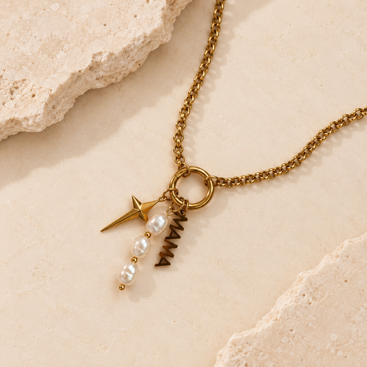 Gold rolo carabiner charm necklace with star, pearl and MAMA charms