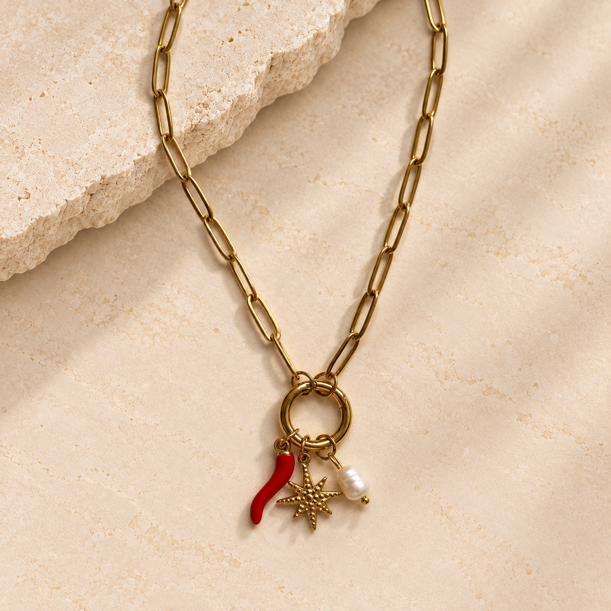 Gold paperclip carabiner necklace with detachable charms