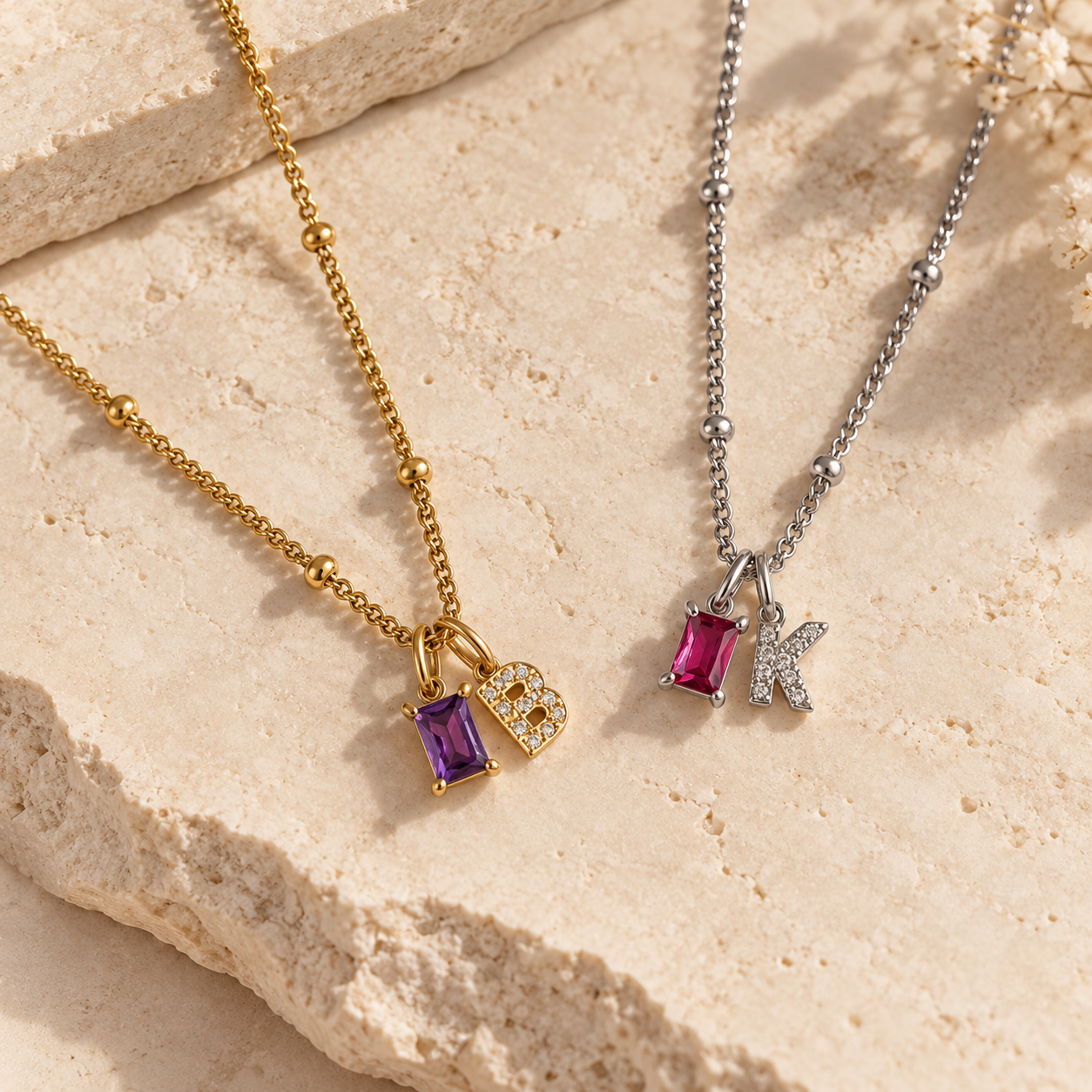 Gold and silver birthstone initial necklace with letter charm and cubic zirconia birthstone
