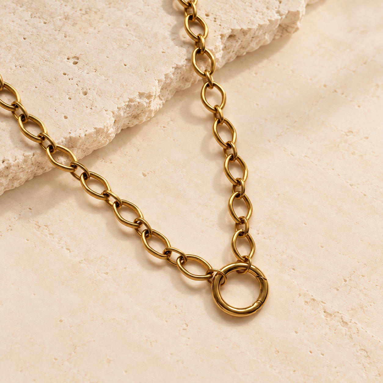 Gold oval carabiner necklace in stainless steel