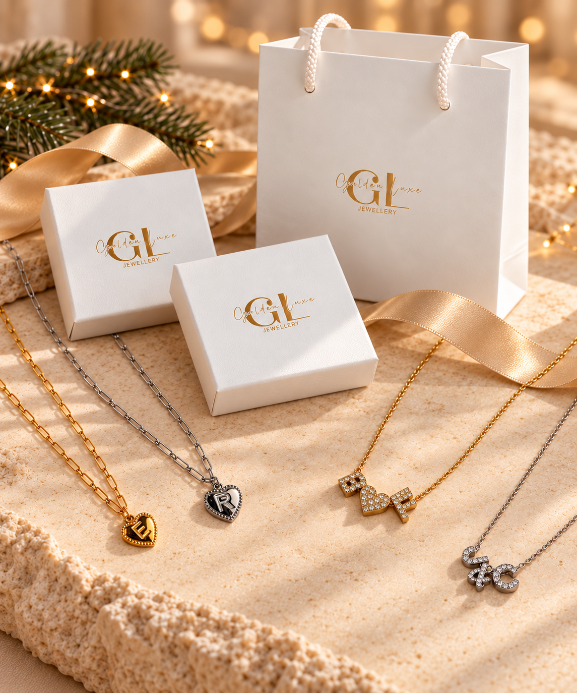 Golden Luxe gift jewellery collection featuring personalised necklaces, charm jewellery and earrings