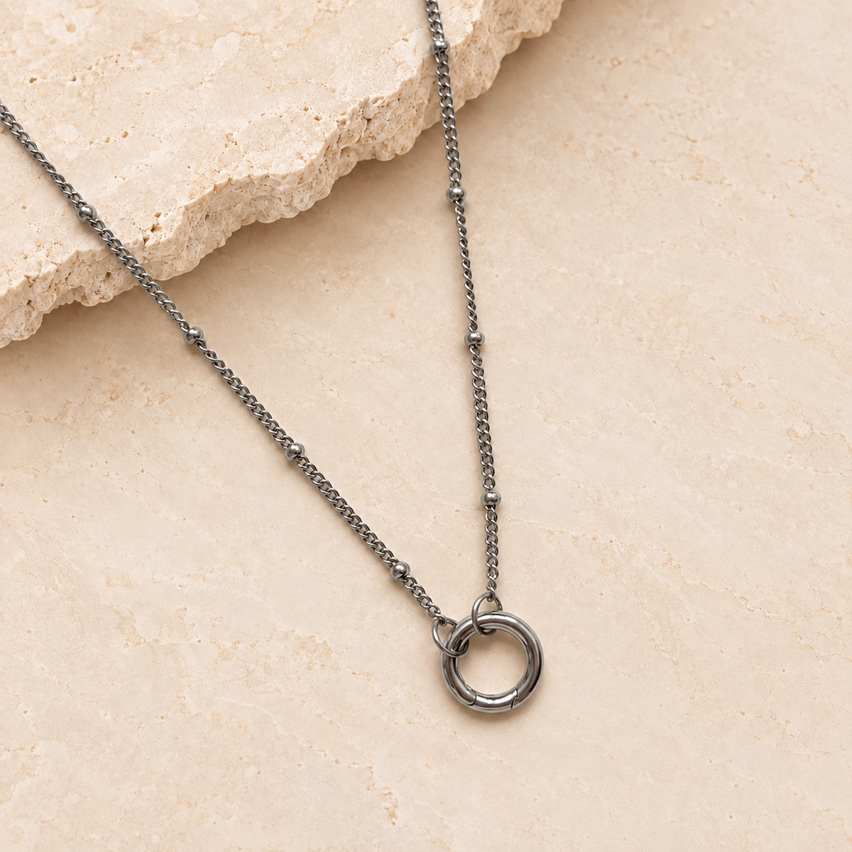Silver dotty carabiner necklace with beaded chain and round clasp