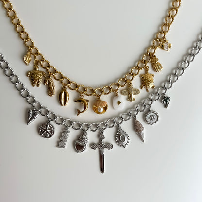 Textured Chunky Multi Charm Chain Necklace