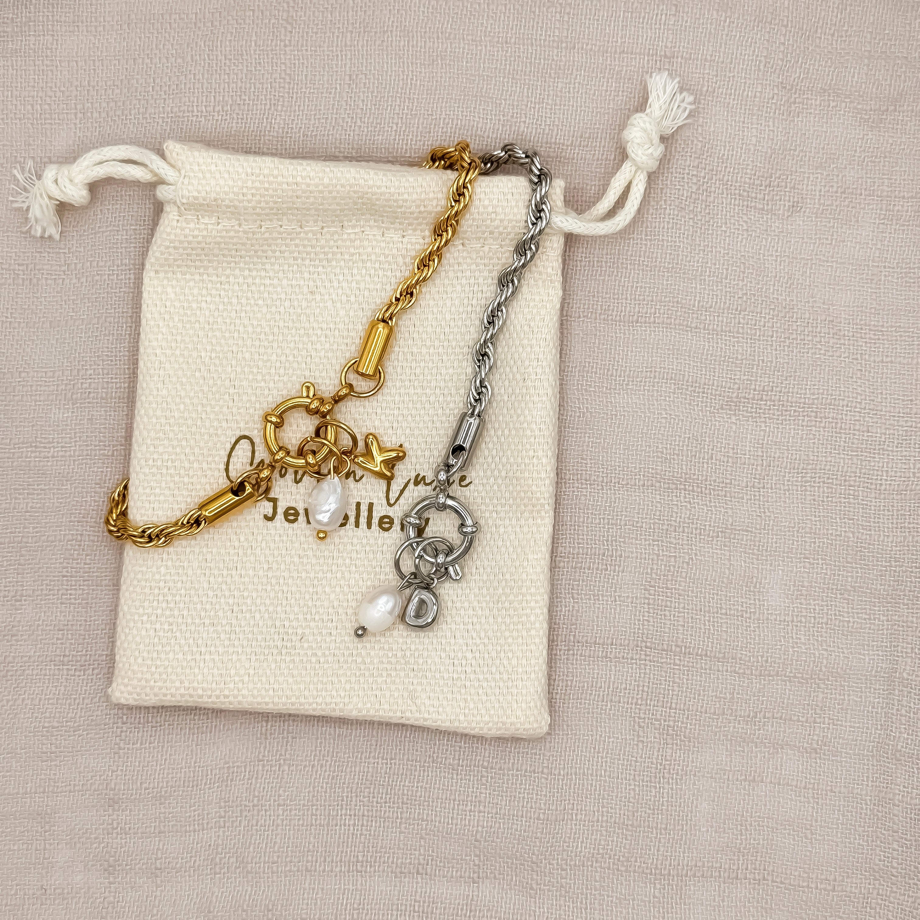 Initial Pearl Carabiner Bracelet