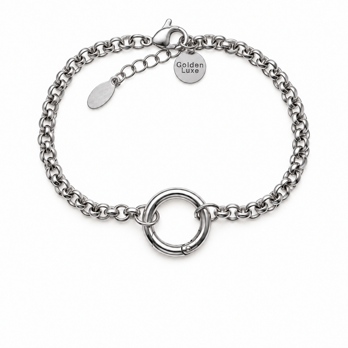 Silver rolo carabiner charm bracelet with detachable clasp
