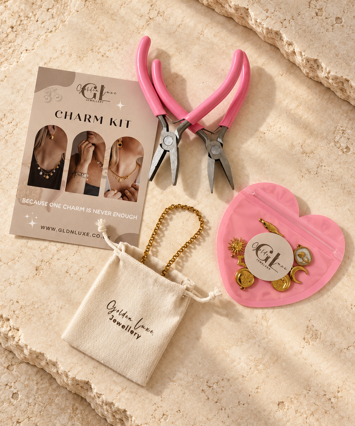 DIY Necklace Charm Kit with Rolo chain, assorted charms and jewellery pliers