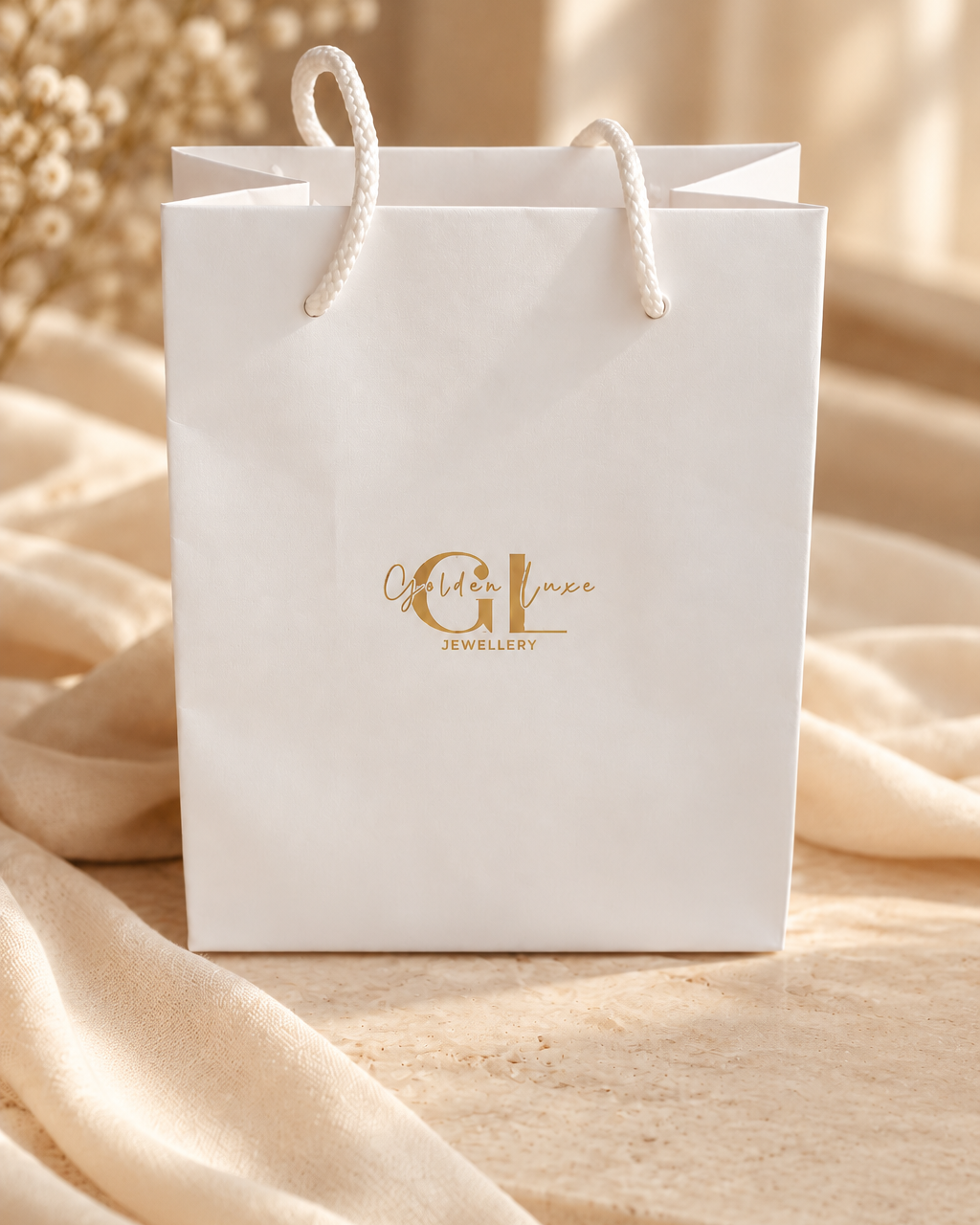 White Golden Luxe jewellery gift bag with gold logo and white rope handles.
