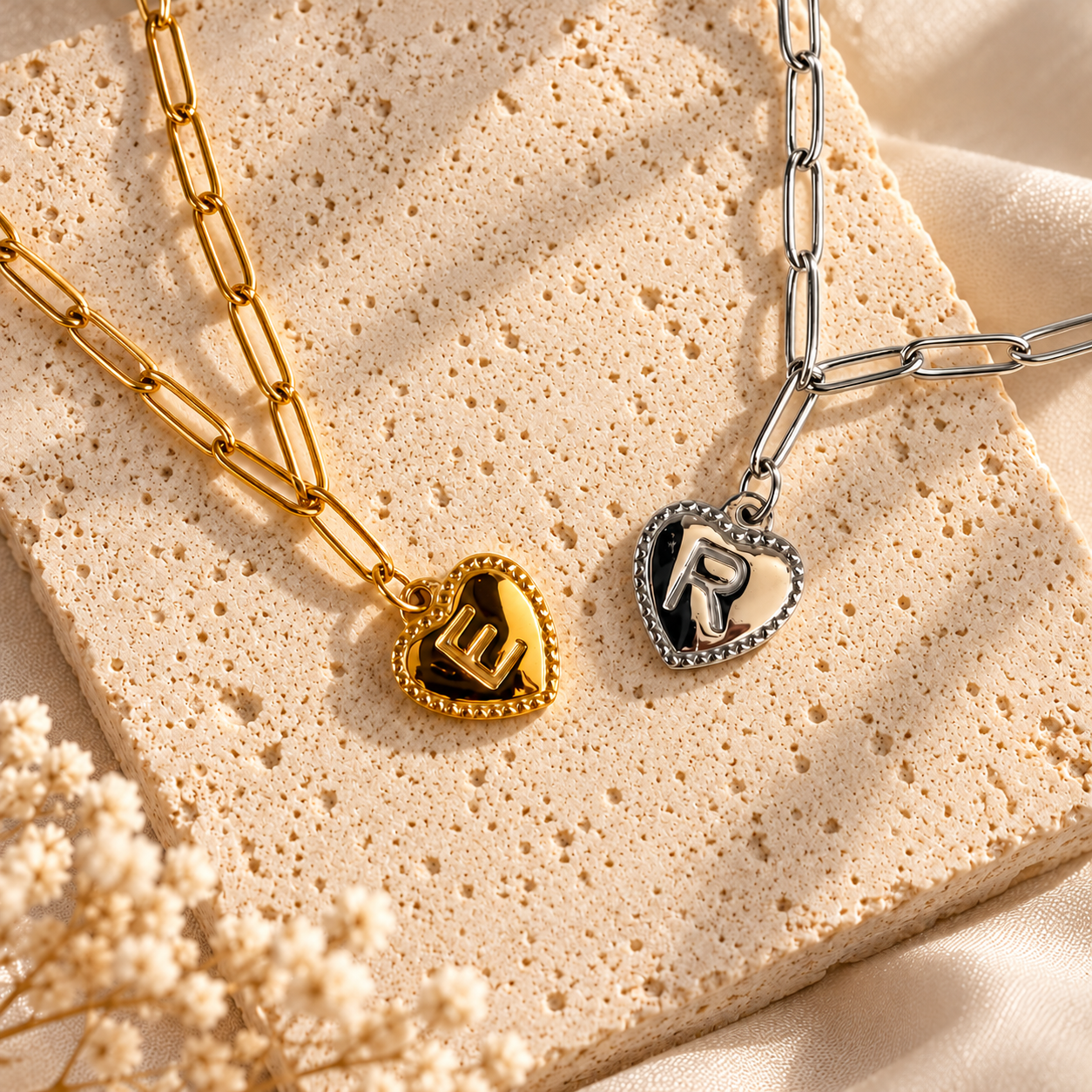 Gold and silver paperclip chain necklace with heart initial pendant