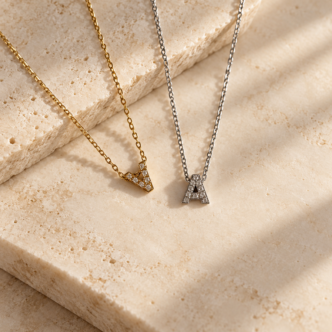 Gold and silver initial necklace with sparkling zircon letter charms