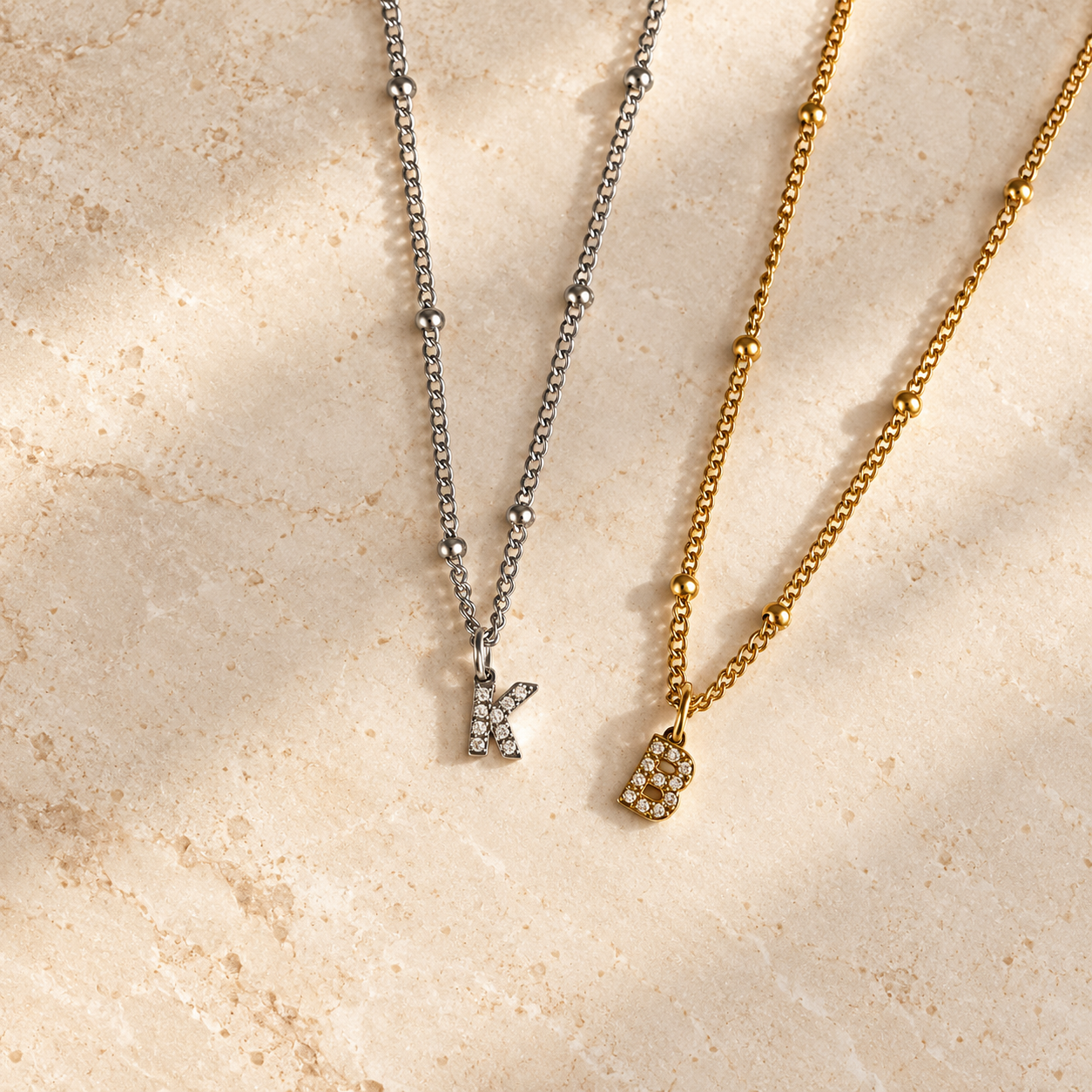 Gold and silver dainty initial necklace with delicate letter charms
