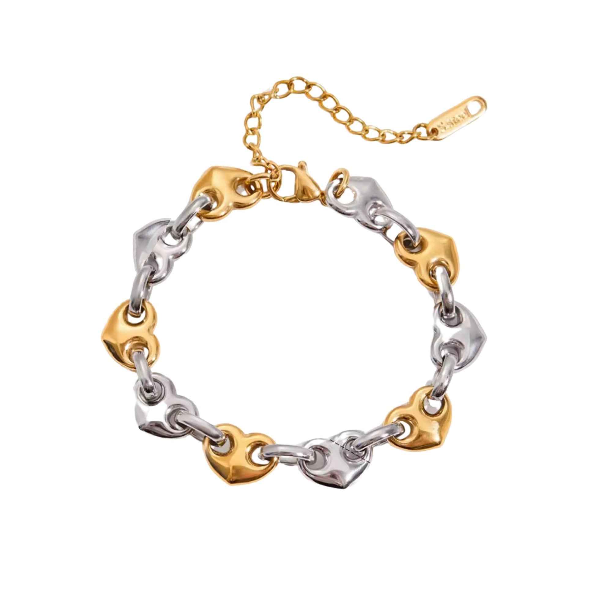 Bracelet with gold and silver heart-shaped links on a white background